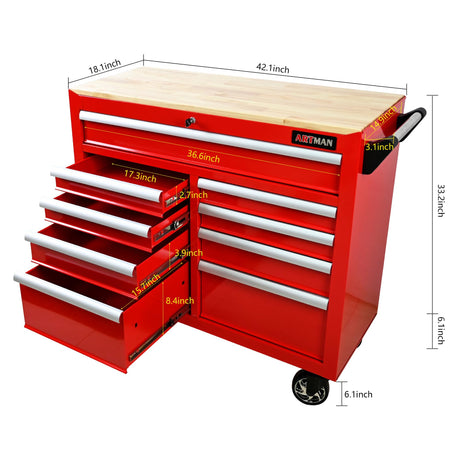 WTRAVEL Heavy Duty Rolling Tool Chest with 9-Drawer Wood Top Tool Cart Mechanic Tool Box with Wheels Tool Storage Cabinet Workbench High Capacity for Garage, Workshop, Repair Shop, Warehouse (Red) WTRAVEL