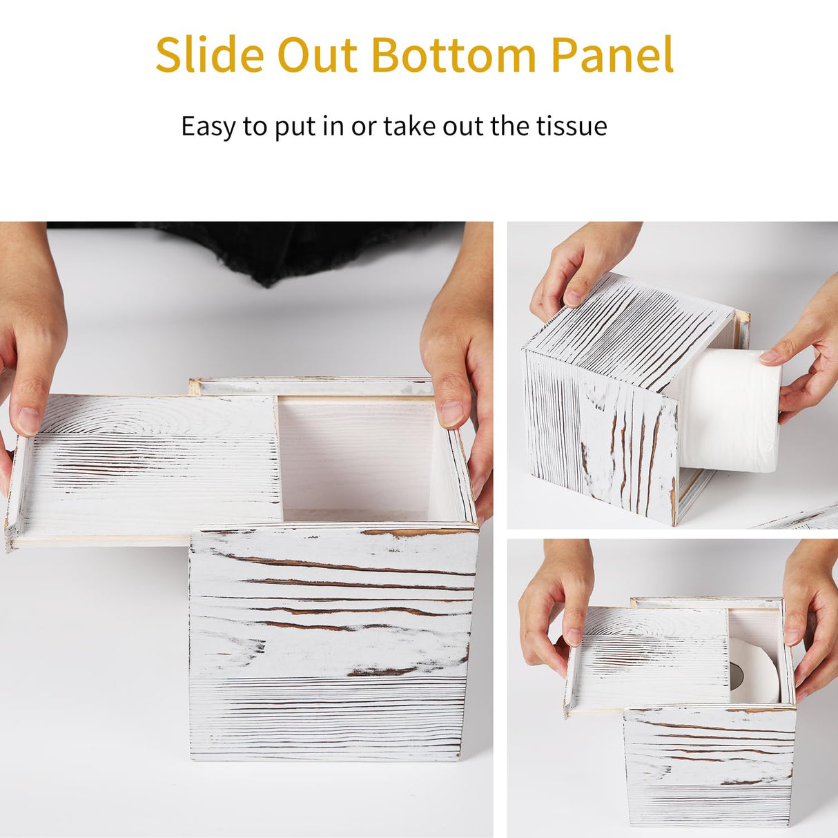 CATORY Tissue Box Cover, Wood Tissue Box Cover Square, Farmhouse Tissue Box Holder Covers Your Tissues, Decorative Tissue Cube Box Cover with Slide-Out Bottom (White) CATORY