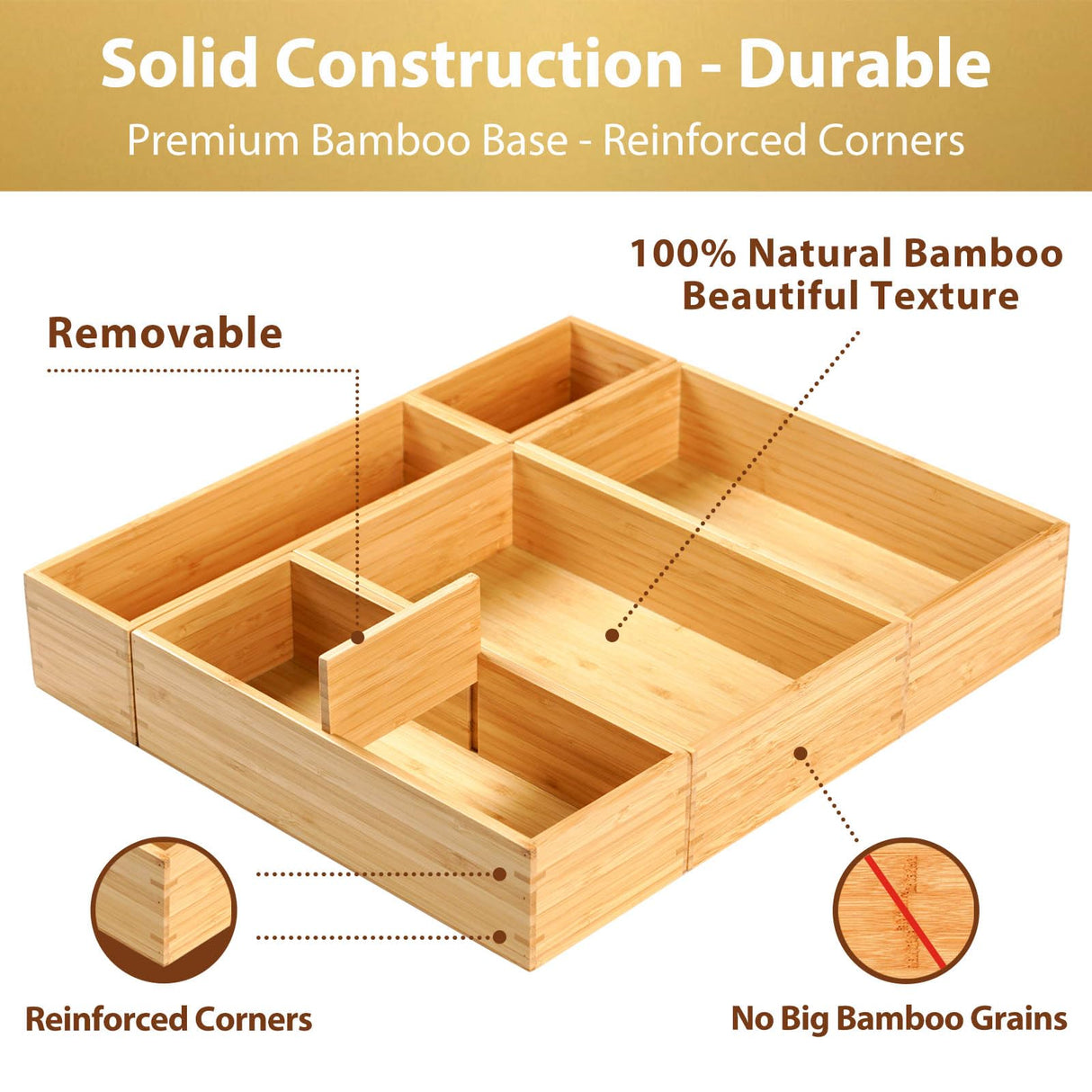 Umilife Drawer Organizer Storage Boxes, 2.5" High Bamboo Drawer Dividers, 5 Rearrangeable Bins for Kitchen, Office Desktop, Clothing, Makeup, vanity, Jewelry Umilife