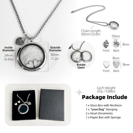 Lifelisa Dog Fur Hair Keepsake Necklace, Ashes Memory Urn with Charm, Glass Circle Memorial Pendant Necklace, Pet Cremation Memorial Jewelry for Women Men, Vial Necklace for Ashes Lifelisa