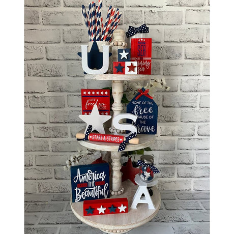12 Pcs 4th of July Tiered Tray Decor Patriotic Decorations Vintage Independence Day Star Mini Sign Gnome Red White Blue Signs Farmhouse USA Flag Wood Decor for Home Memorial Day (#01 Patriotic_12Pcs) HEALT