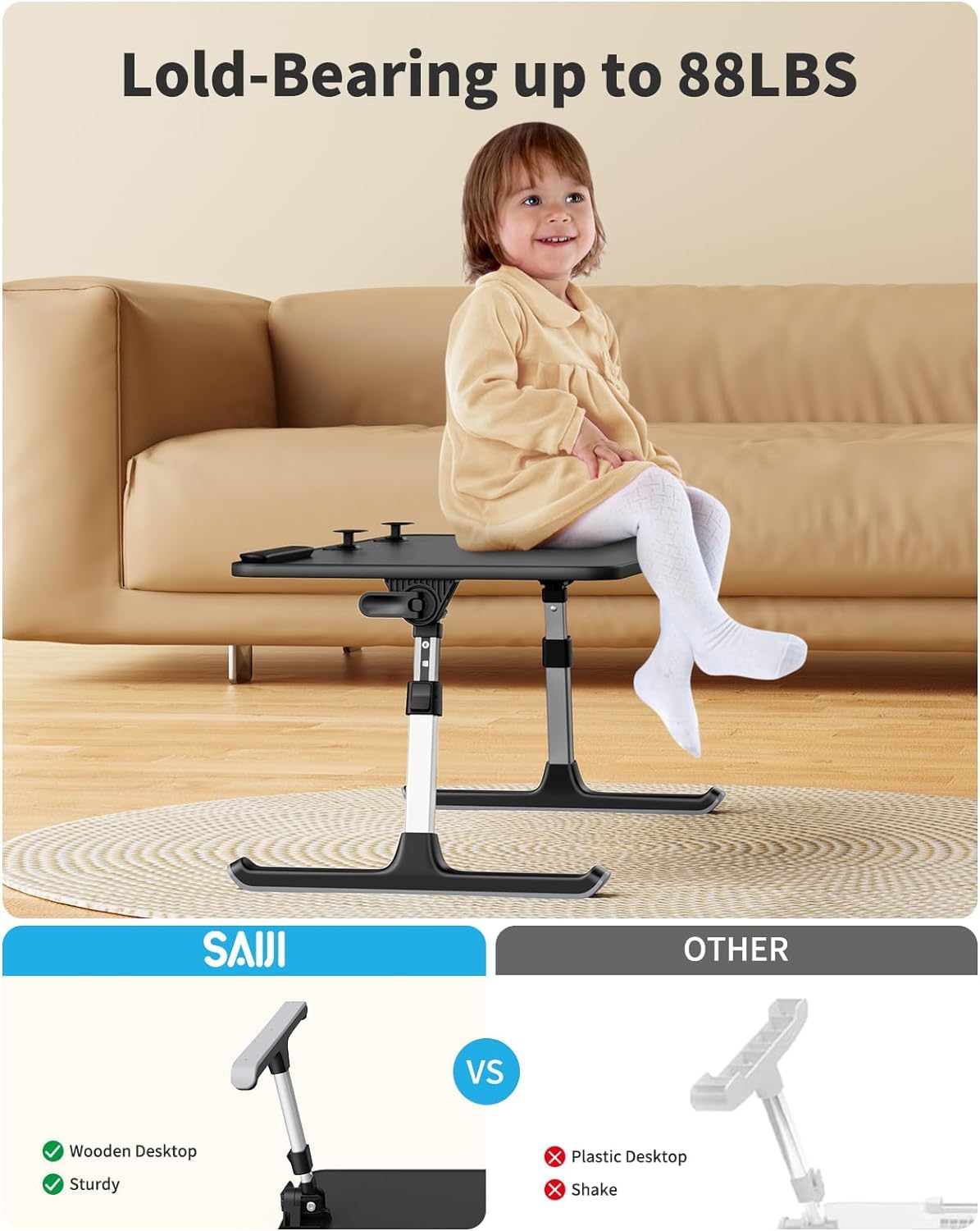 Laptop Desk for Bed, SAIJI Height & Angle Adjustable Laptop Stand for Bed, Lap Desk Bed Tray Table, Light Weight Foldable Portable Laptop table for Couch Sofa Chair Floor Desk for Adults, Kids (Black) SAIJI