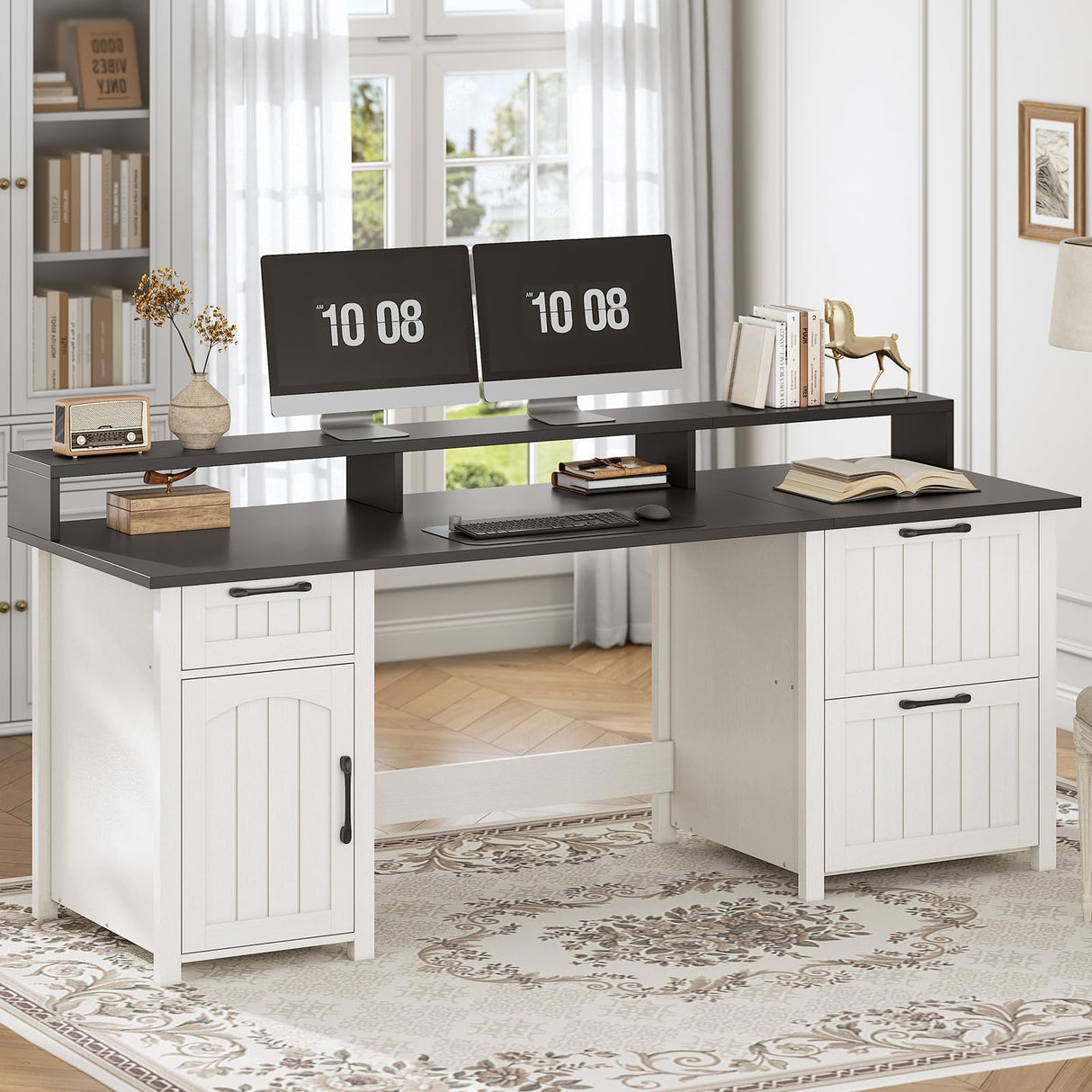 SEDETA Farmhouse 63" Executive Desk, Wood Computer Desk with Drawers and Storage Cabinet, Home Office Desk with File Drawer and Monitor Stand, Wood Desk for Work Study Writing, White SEDETA