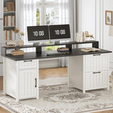 SEDETA Farmhouse 63" Executive Desk, Wood Computer Desk with Drawers and Storage Cabinet, Home Office Desk with File Drawer and Monitor Stand, Wood Desk for Work Study Writing, White SEDETA