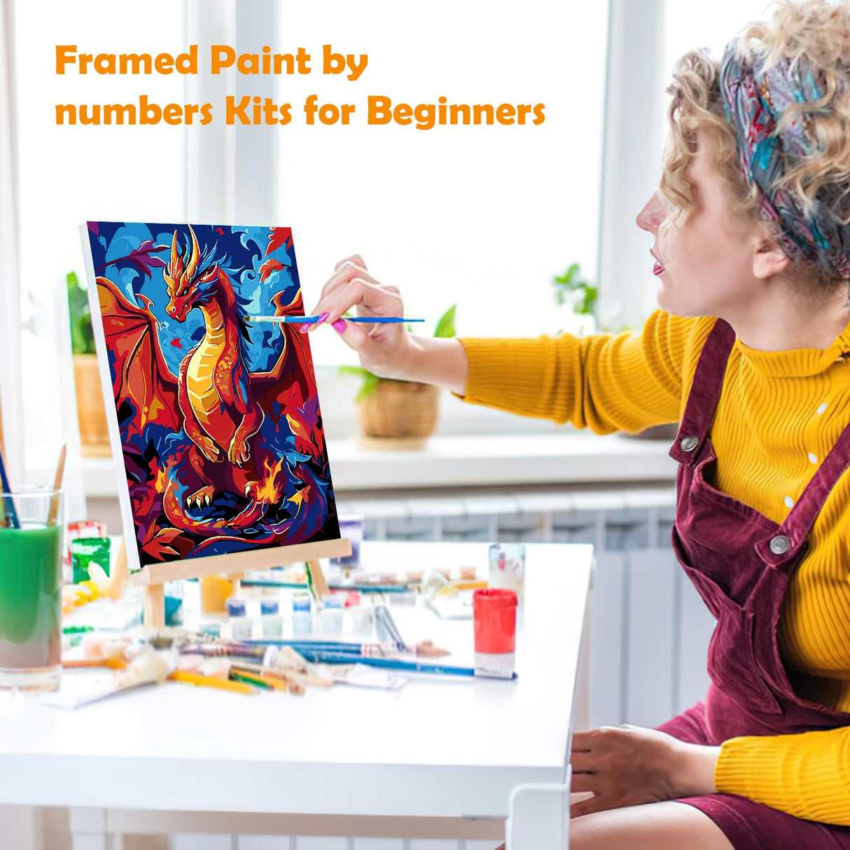 MOGTAA Dragon Paint by Numbers Kit for Adults Beginners with Frame, Animal Adult Paint by Number Kits on Canvas with Easel, Easy DIY Oil Painting Kits for Home Decor, 8x12in MOGTAA