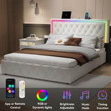 LED Queen Bed Frame with 4 Storage Drawers and Adjustable Headboard, Modern Velvet Upholstered Platform Bed Frame Queen Size with Charging Station, Wooden Slats Support, No Box Spring Needed, White QFP