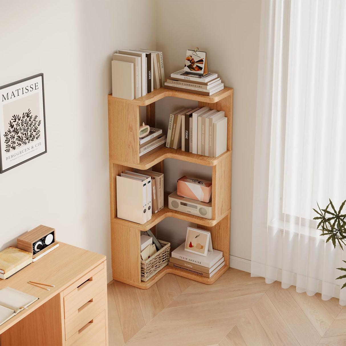 2, 3, 4, 5 Tier Corner Bookshelf, Wood Small Bookcase with Open Shelf Units, Natural Oak Modern Mid Century Corner Book Shelf for Bedroom, Living Room, Home Office, Natural (5-Shelf) Generic