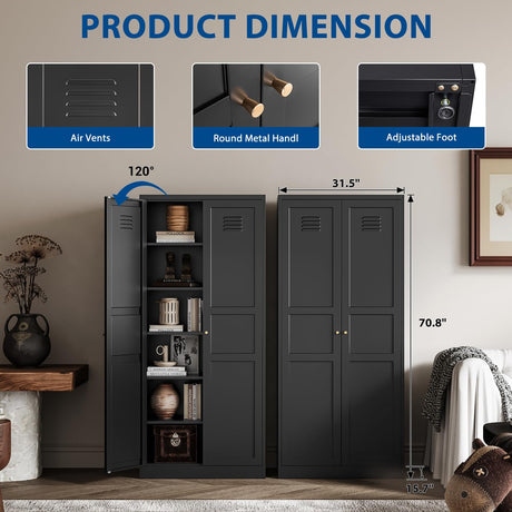 Fesbos Metal Storage Cabinet-71” Tall Steel File Cabinets with Doors and 5 Adjustable Shelves-Black Steel Storage Cabinet for Home,Kitchen, School, Office, Garage Fesbos