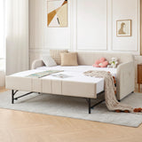 Twin Size Daybed with Pop Up Trundle Bed,Velvet Twin to King Size Day Bed Frame with USB Ports&Side Pockets,Extendable Upholstered Wooden Sofa Bed for Bedroom,Living Room,No Box Spring Needed,Beige JEEOHEY