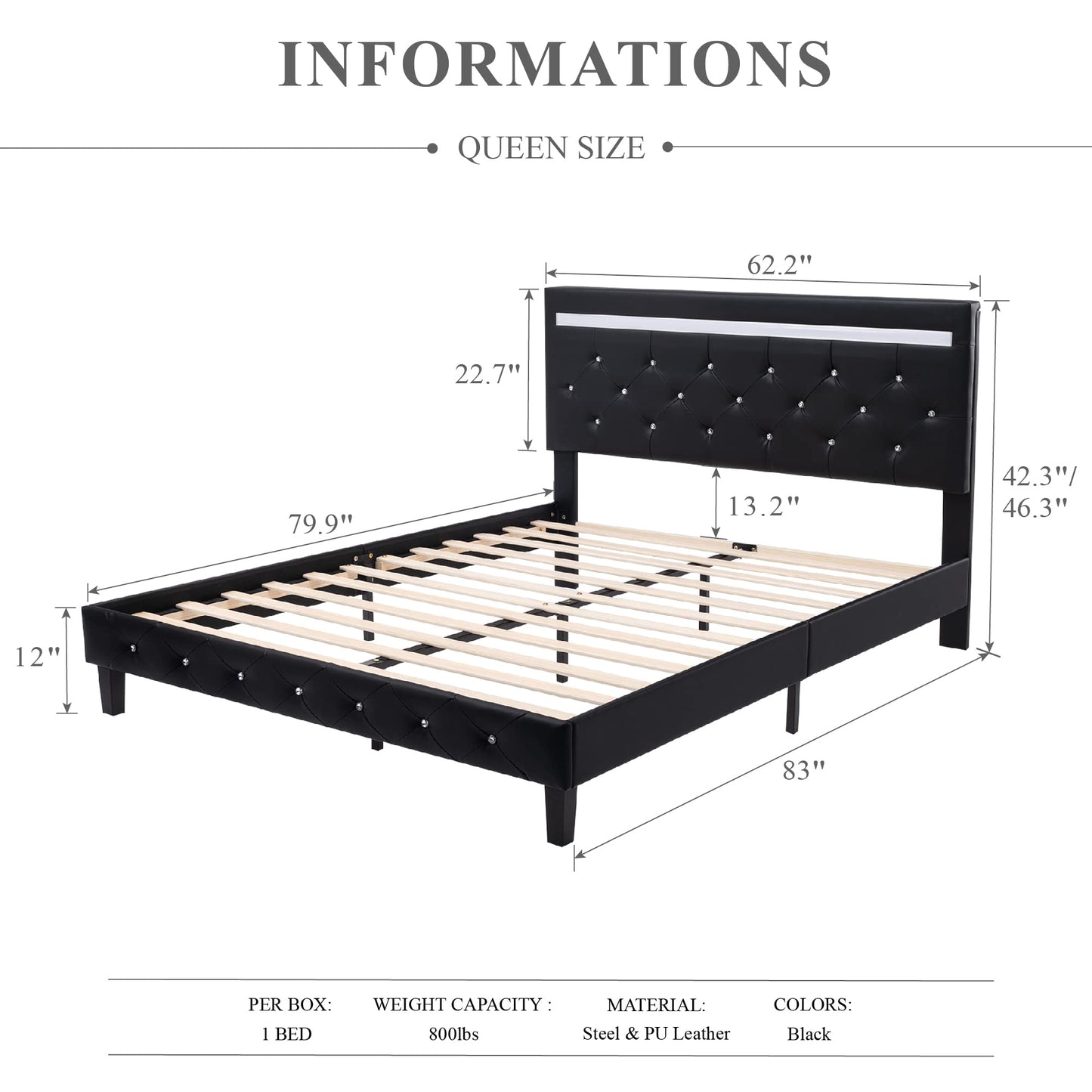 Benevika LED Upholstered Queen Size Bed Frame with Adjustable Headboard and USB Charging Station - WoodArtSupply