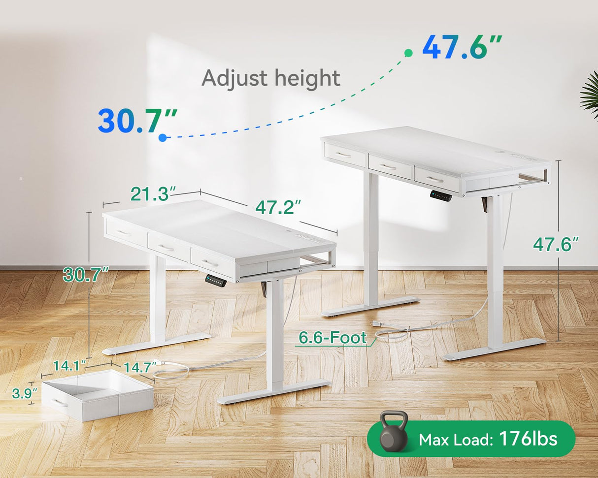 AODK Electric Standing Desk with Drawers, 47 Inch Height Adjustable Small Desk with Power Outlets, Sit Stand Table, Writing Computer Desk for Home, Office, Workstation, White AODK