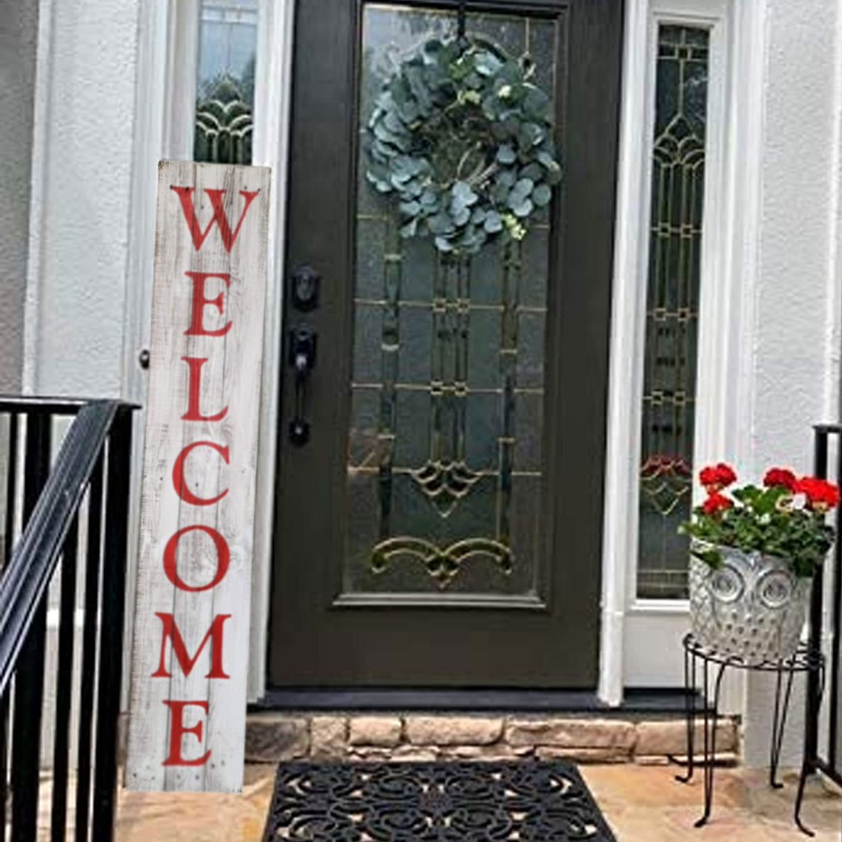 Rockin' Wood Indoor Outdoor Welcome Sign 5 Foot Vertical Rustic Reclaimed Wood Farm House Style for Front Door or Porch, Whitewash with Red Lettering Rockin' Wood