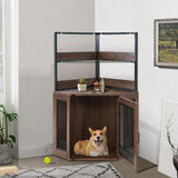 MCombo Corner Dog Crate Furniture with Glass Shelves, Wooden Dog Kennel Furniture with Door, Pet Crate Indoor Use, CN17 (Brown) MCombo