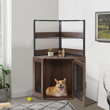 MCombo Corner Dog Crate Furniture with Glass Shelves, Wooden Dog Kennel Furniture with Door, Pet Crate Indoor Use, CN17 (Brown) MCombo