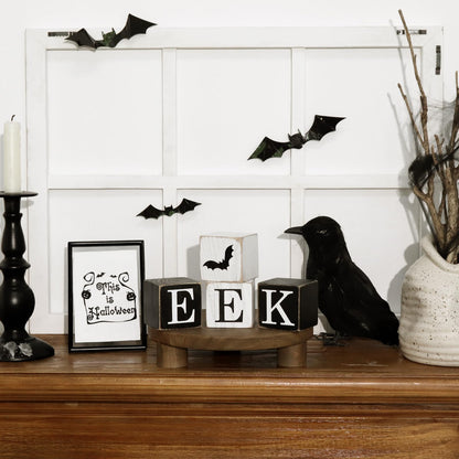 Treory Halloween Table Decorations Indoor: 4PCS Farmhouse Ghost Centerpiece Signs, Black White Boo EEK Double Side Wood Blocks, Rustic Tiered Tray Decor for Office Desk Home Mantel Shelf Fireplace