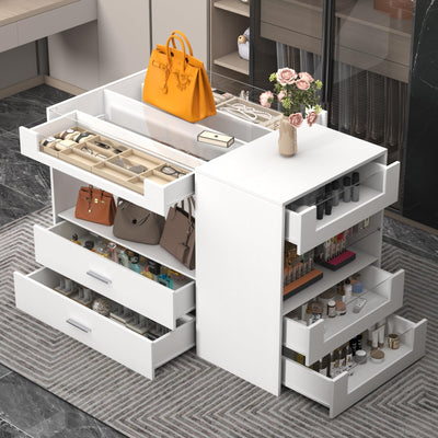 Closet Island with Drawers, 9 Drawers & 2 Shelves – White Jewelry Storage Vanity Island with Glass Top for Closet & Walk-in Wardrobe – 47.2" W x 23.6" D x 31.5" H