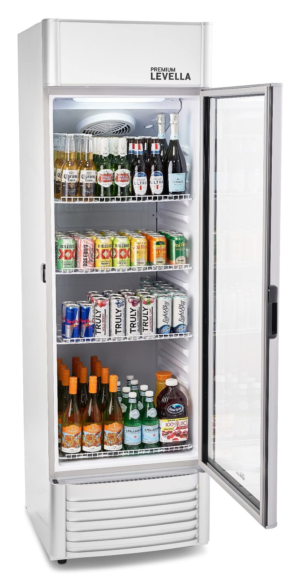PremiumLevella PRF125DX Glass Door Display Refrigerator 12.5 cu ft Commercial Beverage Cooler Merchandiser With Customizable Lightbox - Silver PremiumLevella