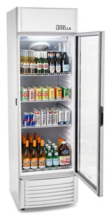 PremiumLevella PRF125DX Glass Door Display Refrigerator 12.5 cu ft Commercial Beverage Cooler Merchandiser With Customizable Lightbox - Silver PremiumLevella