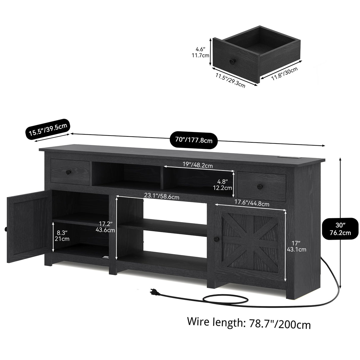 YITAHOME TV Stand for 75/80 Inch TV, Entertainment Center, TV Cabinet with Drawers and Power Outlet, Black TV Console for Living Room Furniture (70 Inch Lenght 30 Inch High) YITAHOME