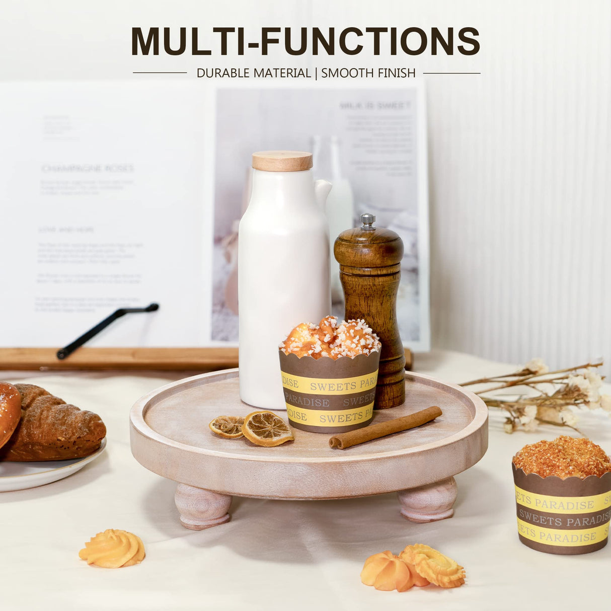 EOSAHR Farmhouse Wood Riser for Display : Decorative Pedestal Stand for Kitchen Counter and Home Decor - Elegant Round Waterproof Display Tray for Bathroom Soap, Sink, Vase (Natural Wood) EOSAHR