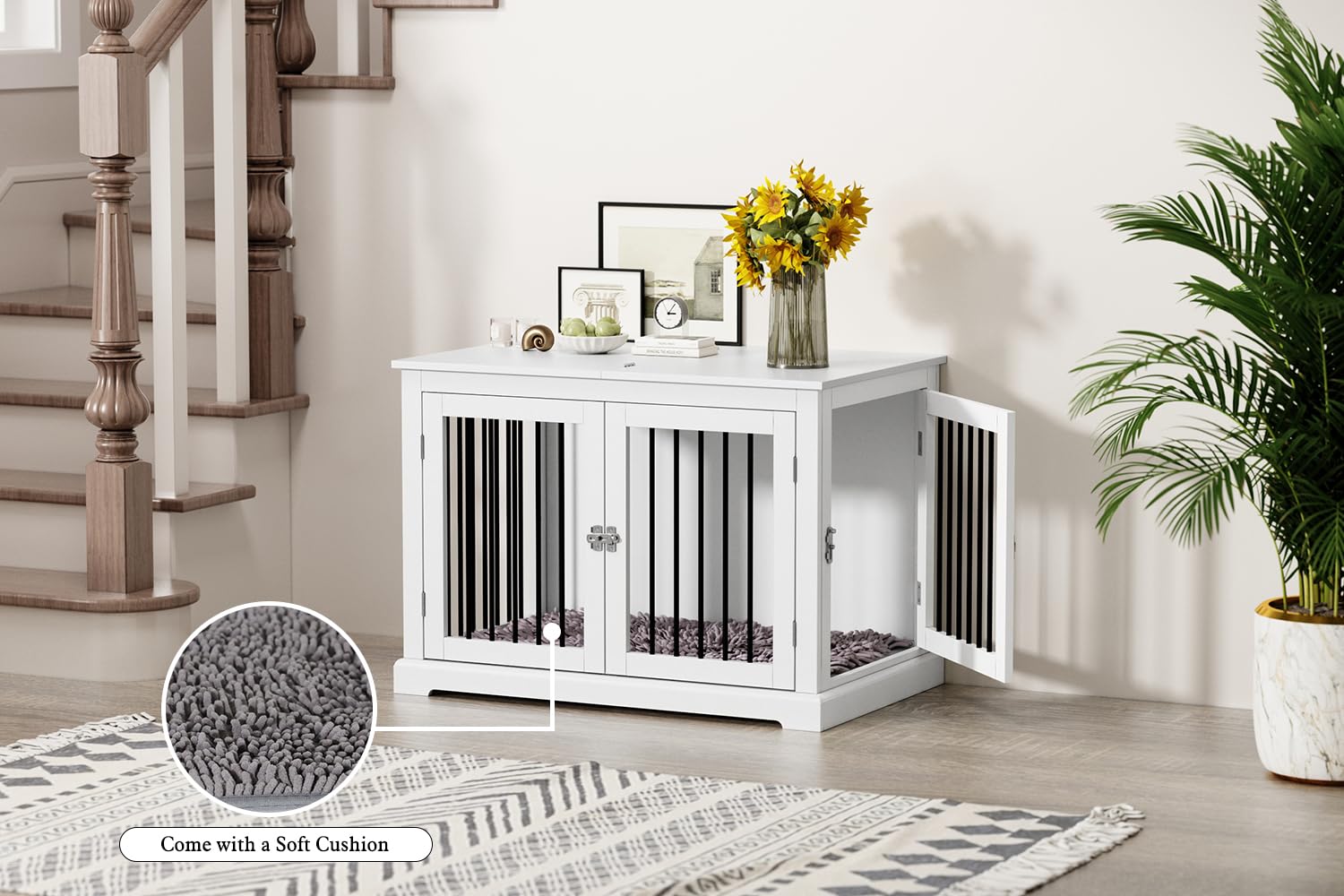 PUPETPO Furniture Style Dog Crate with Cushion, Dog Kennel Medium, Dog Crates, Dog Cage for Small and Medium Dogs, Decorative Dog Kennel with Flip-top Plate, Chew-Proof Metal Bars, White - WoodArtSupply