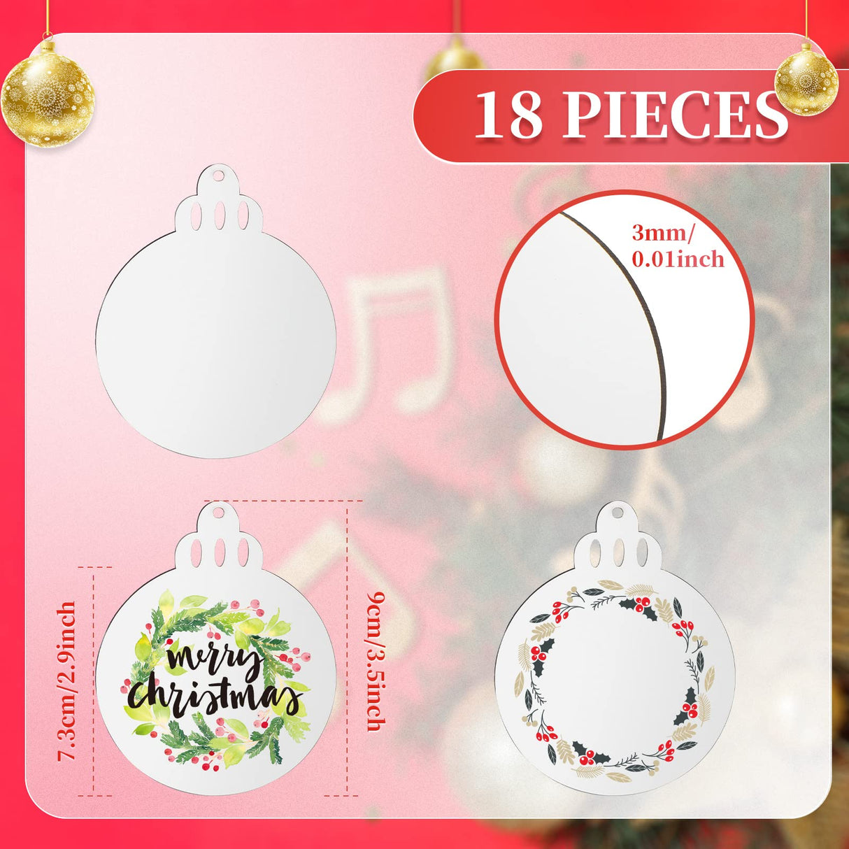 Jetec Christmas Sublimation Blank Pendants Double Side MDF Personalized Blank Bulk Heat Transfer Blank Hanging Pendant White Sublimation Ornament with Red Ribbon for DIY (18 Pcs,3.5 x 2.9 x 0.1 Inch) Jetec