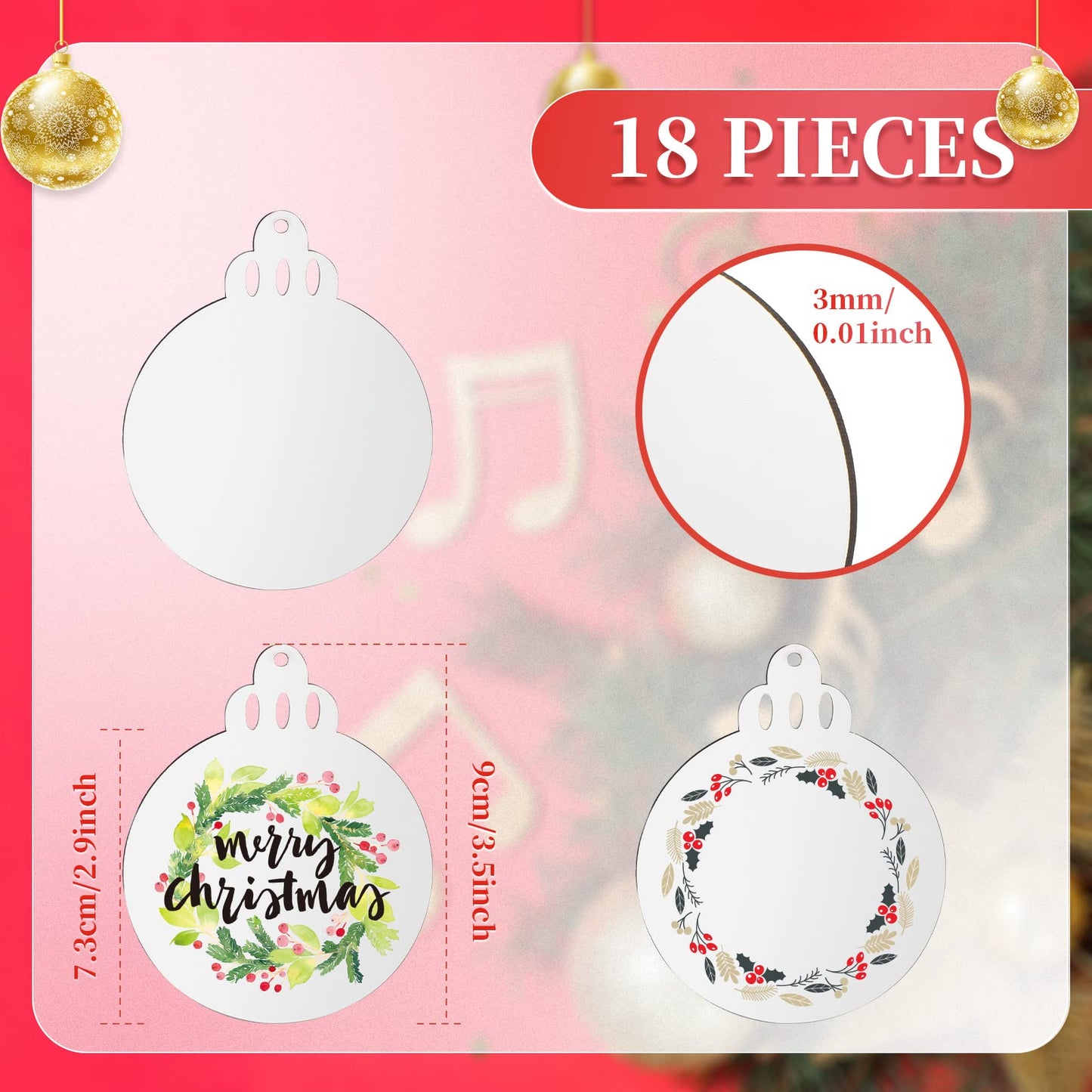 Jetec Christmas Sublimation Blank Pendants Double Side MDF Personalized Blank Bulk Heat Transfer Blank Hanging Pendant White Sublimation Ornament with Red Ribbon for DIY (18 Pcs,3.5 x 2.9 x 0.1 Inch)