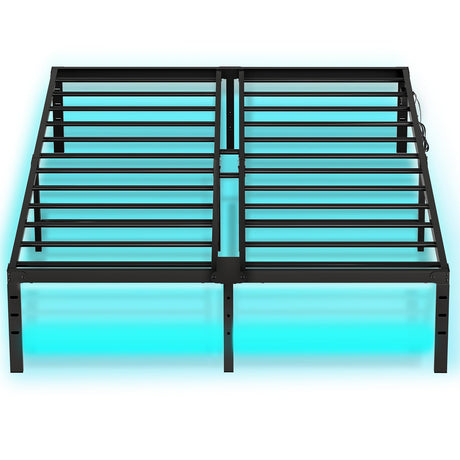 HOOBRO Full Bed Frame with LED Lights, Metal Platform Bed Frame with Charging Station, 2 Outlets and 2 USB Ports, Heavy Duty Full Size Bed Frame with End Stop, Ample Under Bed Space, Black HOOBRO