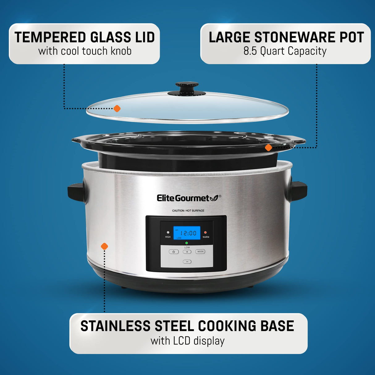 Elite Gourmet MST-900D 8.5Qt Digital Programmable XL Jumbo Slow Cooker, Adjustable Temp, Entrees, Sauces, Stews & Dips, Dishwasher Safe Glass Lid & Crock, Stainless Steel Elite Gourmet