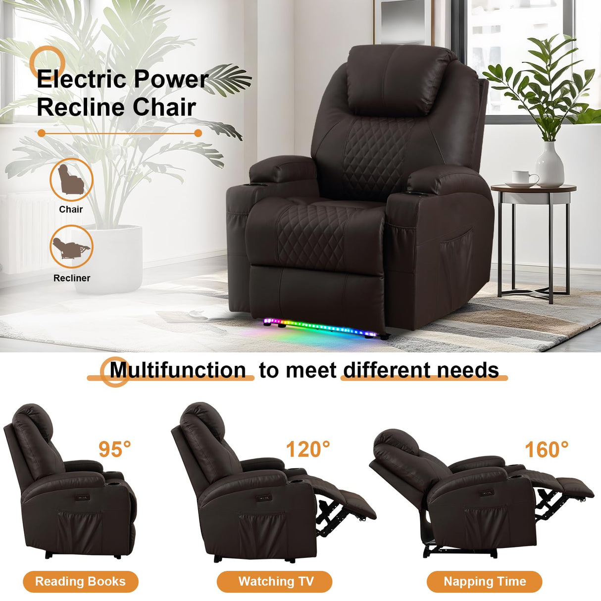 AHMED Power Recliner Chair with Vibration Massage & Heat for Adults, Faux Leather Home Theater Seating with Cup Holders/LED Lights/USB Ports/Side Pockets for Living Room, Brown AHMED