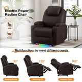 AHMED Power Recliner Chair with Vibration Massage & Heat for Adults, Faux Leather Home Theater Seating with Cup Holders/LED Lights/USB Ports/Side Pockets for Living Room, Brown AHMED