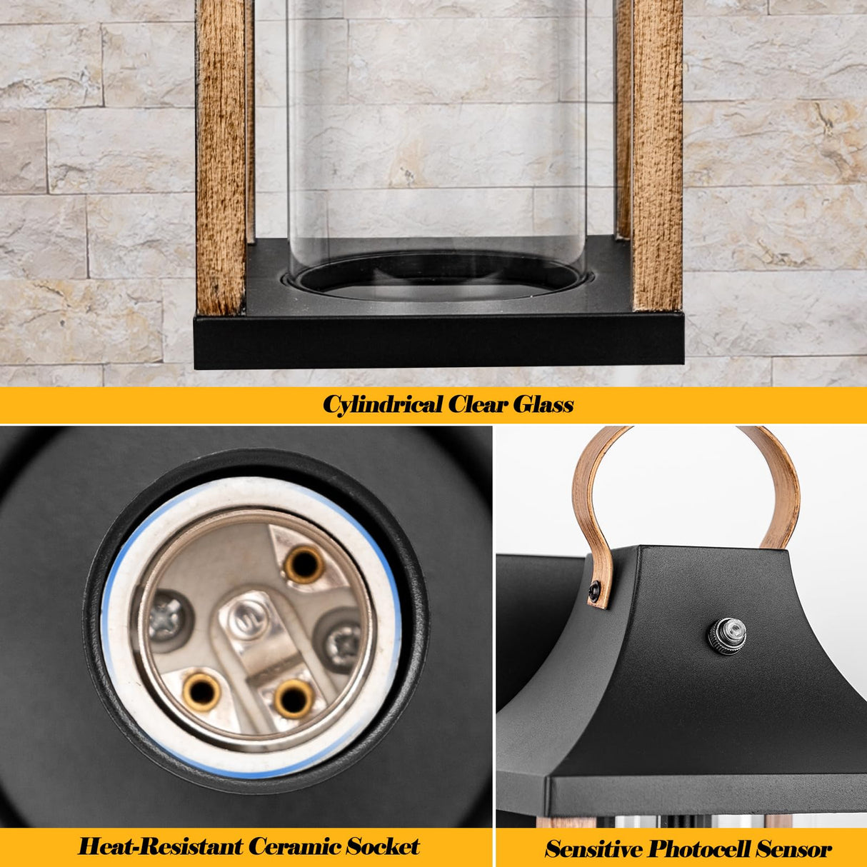 Roravilila Dusk to Dawn Outdoor Light Fixture Rustic Wood, 17” Large Outside Light for House Cylindrical Glass IP65 Waterproof Outdoor Lantern Scone Farmhouse Porch Light Exterior Wall Mounted Lamp Roravilila