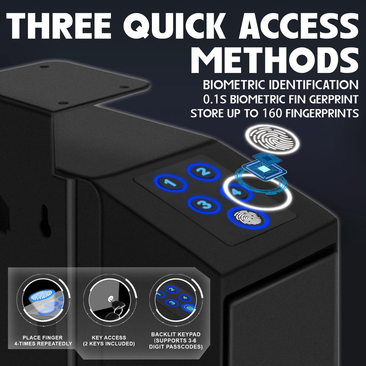 HAWKHONOR Biometric Gun Safe For Handgun, Nightstand Gun Safe, Gun Lock Box For Desk, Car, Truck, Slider Fingerprint Gun Safe Bedside, Quick Release Gun Safe With Fingerprint, PIN Code, Key Access HAWKHONOR