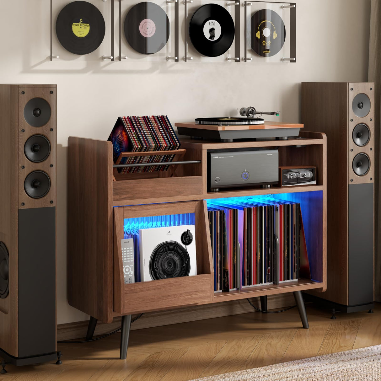 Large Record Player Stand,Turntable Stand Shelf with with Power Outlet and LED Light,Vinyl Record Storage Cabinet Up to 350 Albums, Wood Record Player Holder Table for Living Room,Office Loomie