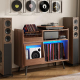 Large Record Player Stand,Turntable Stand Shelf with with Power Outlet and LED Light,Vinyl Record Storage Cabinet Up to 350 Albums, Wood Record Player Holder Table for Living Room,Office Loomie