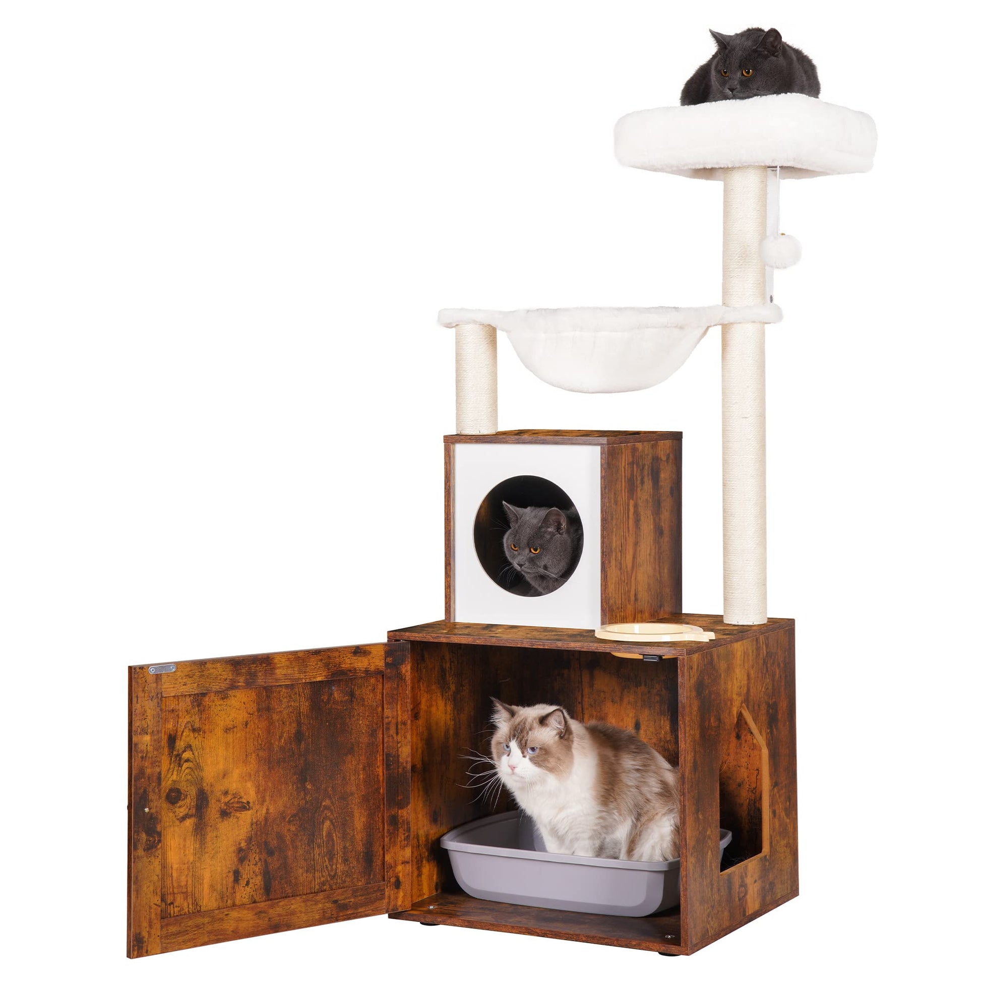 Heybly Cat Tree, Wood Litter Box Enclosure with Food Station, All-in-one Indoor Cat Furniture with Basket and Condo, Modern Style Cat Tower, Hammock, Rustic Brown HCT101SR - WoodArtSupply