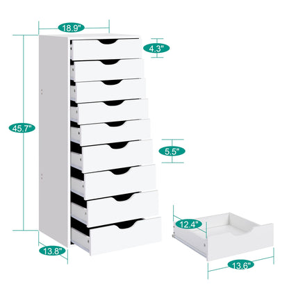 Naomi Home 9 Drawer Dresser for Bedroom, Stylish Tall Makeup Dressers, Storage Shelves, Small Dresser for Closet with 200 lbs Capacity - White