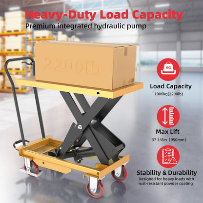 ZKH Hydraulic Lift Cart, 2200lb Capacity, 38" Max Lifting Height, Single Scissors Lift Table with Locking Wheels and Overload Bar for Safe Operations, Ideal for Material Handling and Freight Lifting