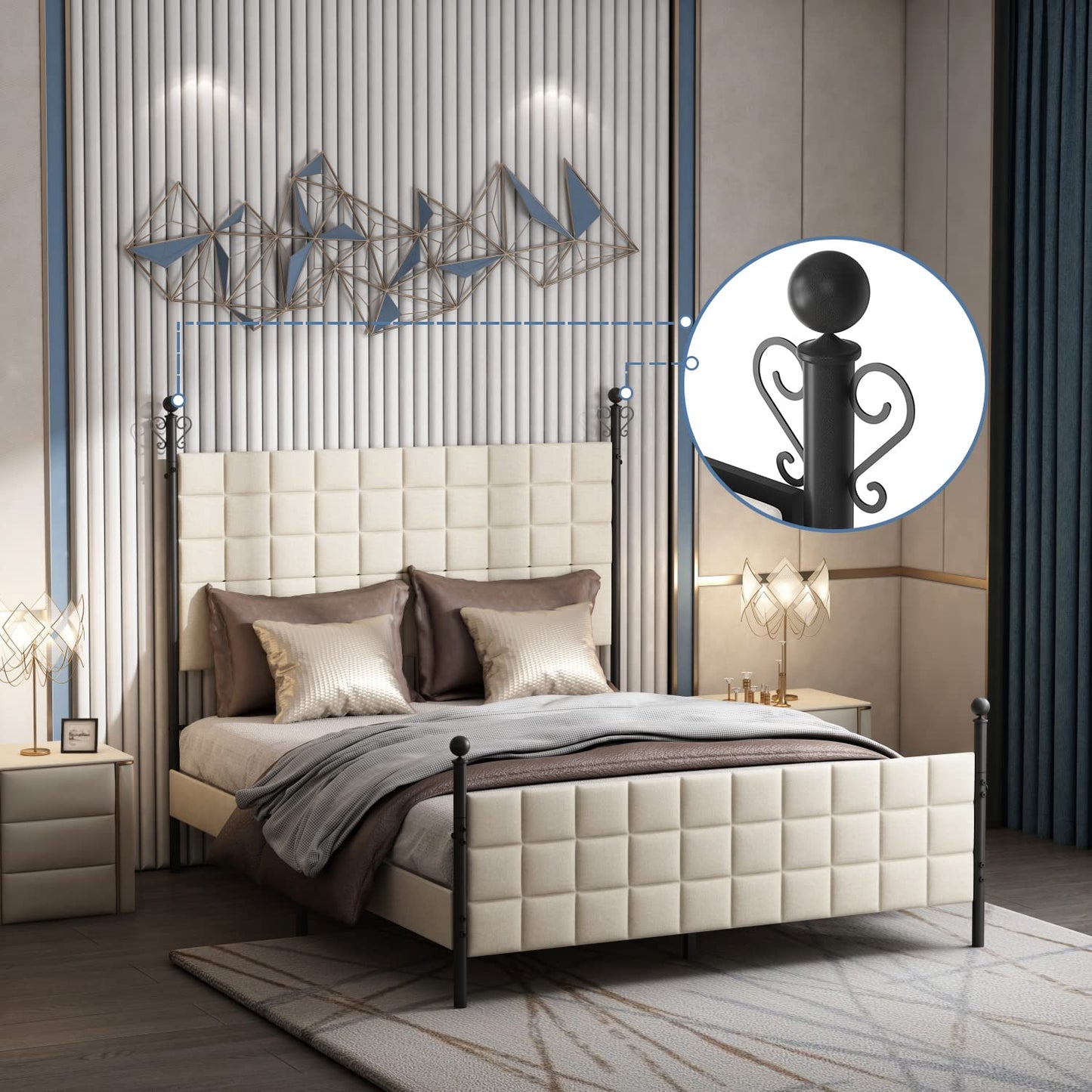 SAMTRA Canopy Bed Frame Queen Size with Upholstered Headboard & Footboard, Classic Fashion Boho Beige Color Canopy Platform Bedframe