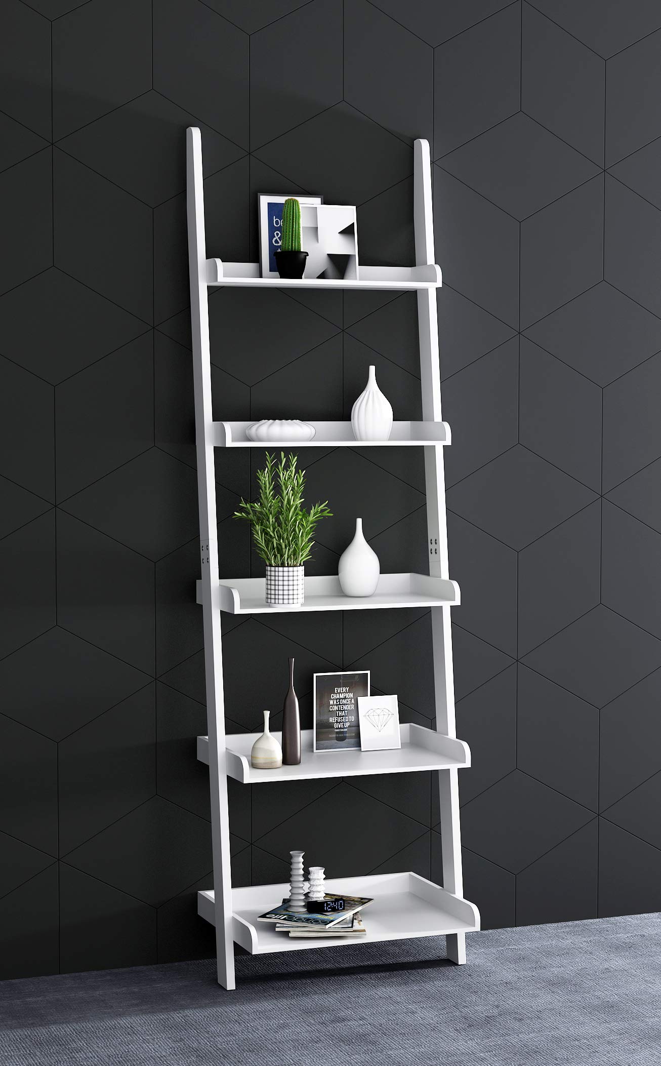 eHemco Contemporary 5-Tier Leaning Wall Ladder Bookshelf in White - WoodArtSupply