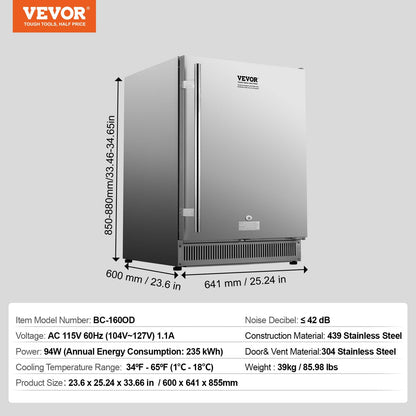 VEVOR 24 inch Indoor/Outdoor Beverage Refrigerator, 185QT Undercounter or Freestanding Beverage Fridge, 175 Cans Built-in Beer Fridge with Stainless Steel Body for Residential Home Bar Commercial Use