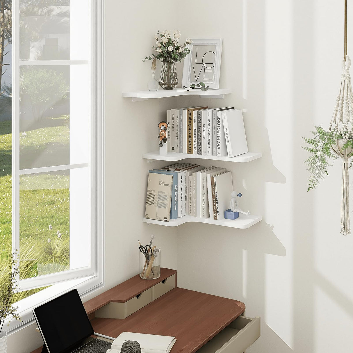 Homode Corner Floating Shelves, Set of 3 Corner Wall Shelves with Wire Hole, L-Shaped Wood Hanging Storage Shelf for Wall Decor, for Bathroom Kitchen Bedroom, White Homode