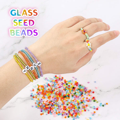 DICOBD 12000pcs 3mm Glass Seed Beads for Bracelets Making Kit with Letter Alphabet Beads, Friendship Bracelet Kits 8/0 Craft Bead for Jewelry Making Necklaces and Key Chains with 2 Rolls of Cord DICOBD