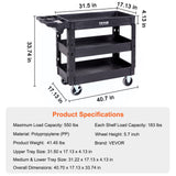 VEVOR Utility Service Cart,Heavy Duty 3 Shelf 550LBS Plastic Rolling Utility Cart with 360° Swivel Wheels (2 with Brakes), Medium Lipped Shelf, Ergonomic Storage Handle for Warehouse/Garage/Cleaning VEVOR