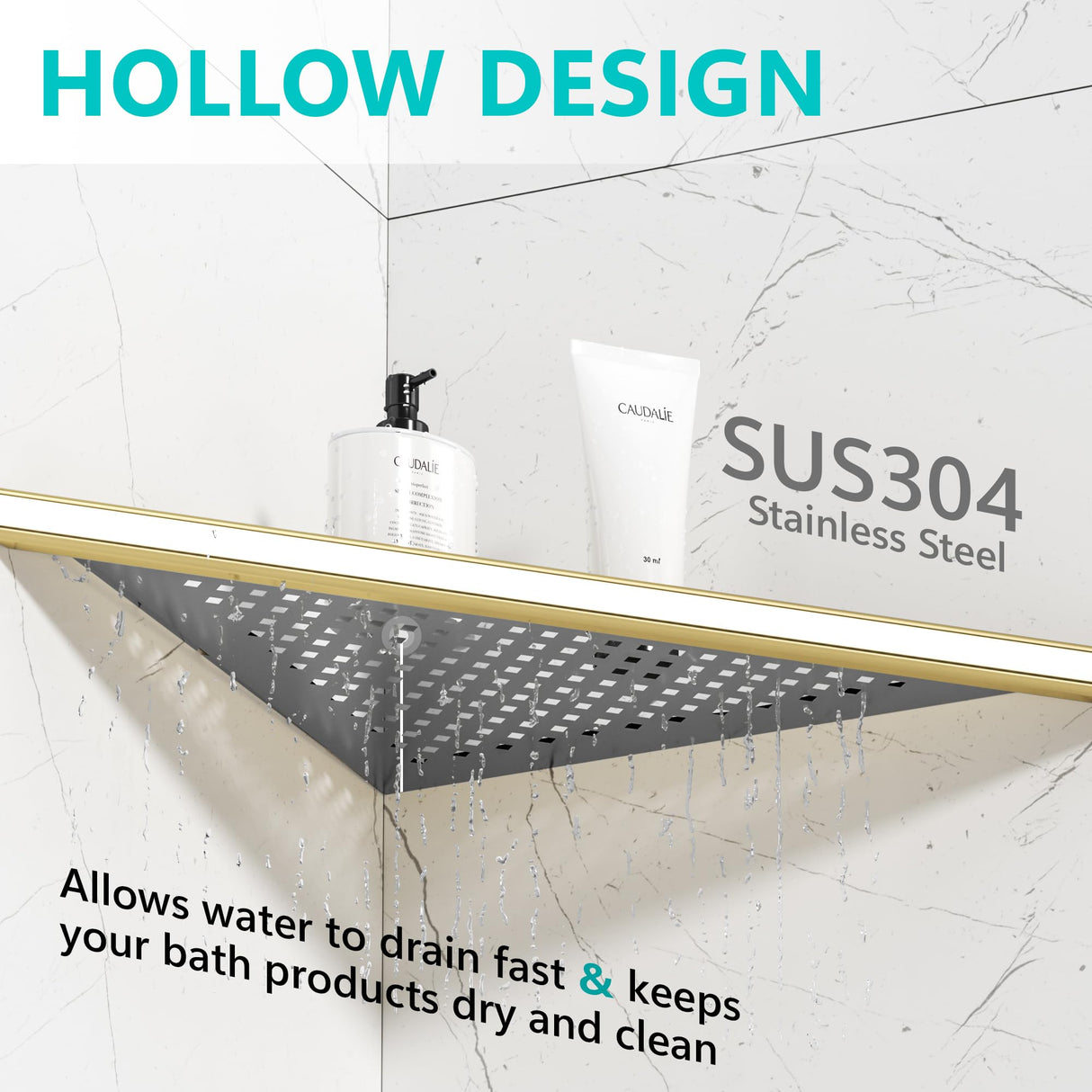 Qeke 2 Pack Bathroom Corner Shelf, Recessed 12" Corner Shower Shelf, SUS304 Stainless Steel Triangular Wall Mount, No Drilling, Brushed Golden Qeke