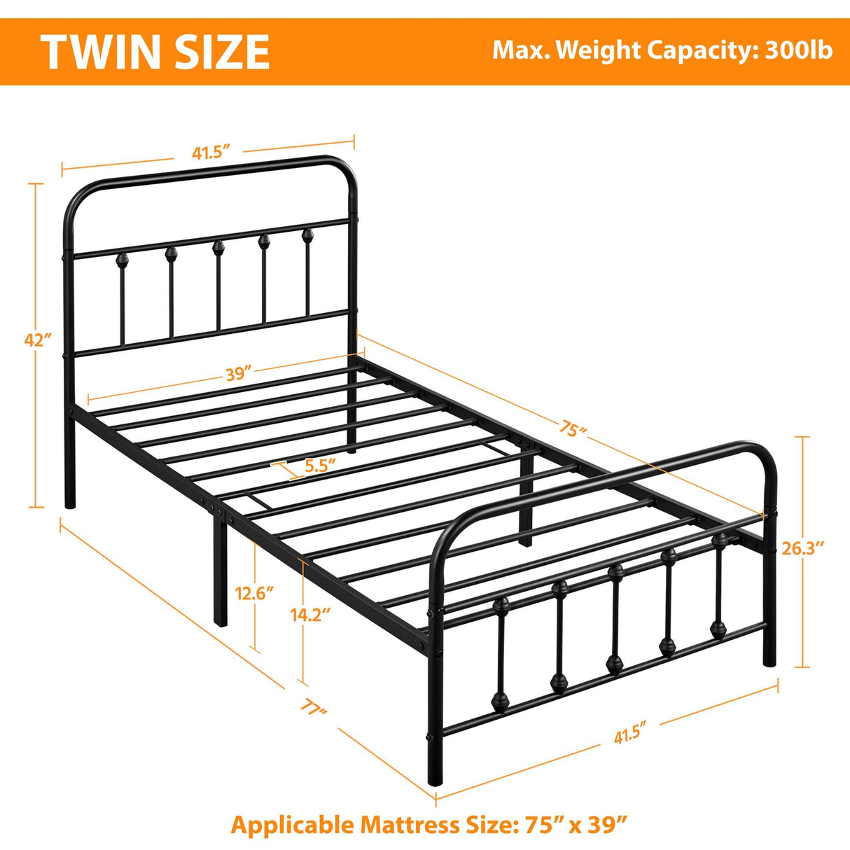 Topeakmart Twin Size Victorian Style Metal Bed Frame with Headboard/Mattress Foundation/No Box Spring Needed/Under Bed Storage/Strong Slat Support Black Topeakmart