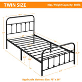 Topeakmart Twin Size Victorian Style Metal Bed Frame with Headboard/Mattress Foundation/No Box Spring Needed/Under Bed Storage/Strong Slat Support Black Topeakmart