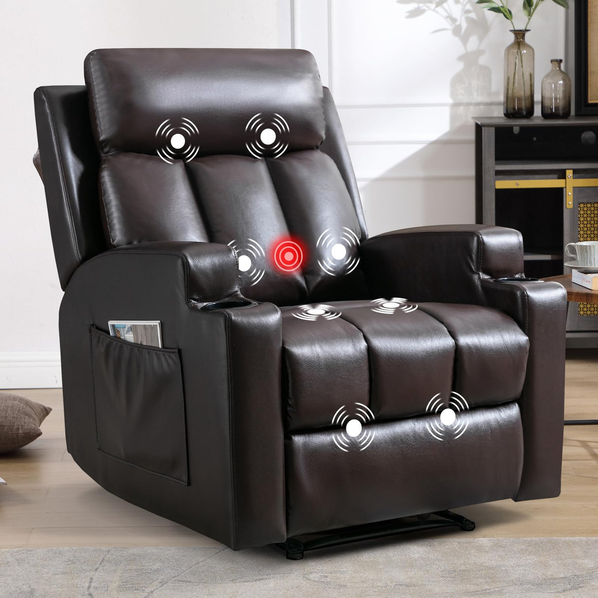 CANMOV Manual Recliner Chair with Massage and Heat,Breathable Leather Recliner Chair with Armrest and Backrest, Manual Reclining Single Sofa with 2 Cup Holders, Side Pocket for Living Room,Dark Brown CANMOV