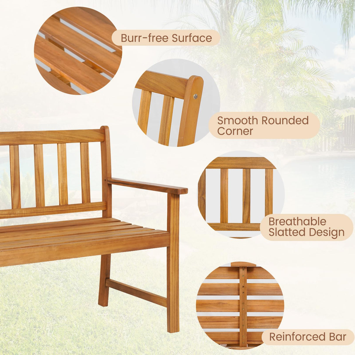 HAPPYGRILL Patio Wood Bench with Ergonomic Backrest & Armrests, 2-Person Outdoor Bench, All-Weather Acacia Wood Frame, Loveseat Outside Bench for Garden Balcony Poolside Porch Deck HAPPYGRILL