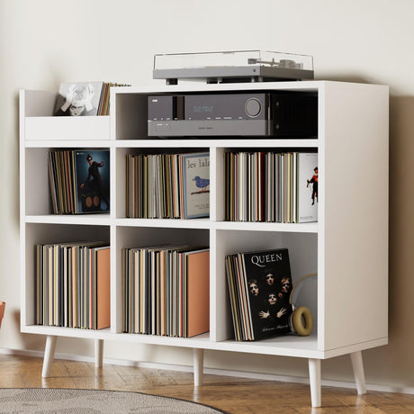 Cozy Castle Record Player Stand, Turntable Shelf with Vinyl Storage up to 500 Albums, Vinyl Record Player Shelf with Power Outlet Sideboard Buffet Cabinet with Storage Accent Cabinet, White Cozy Castle